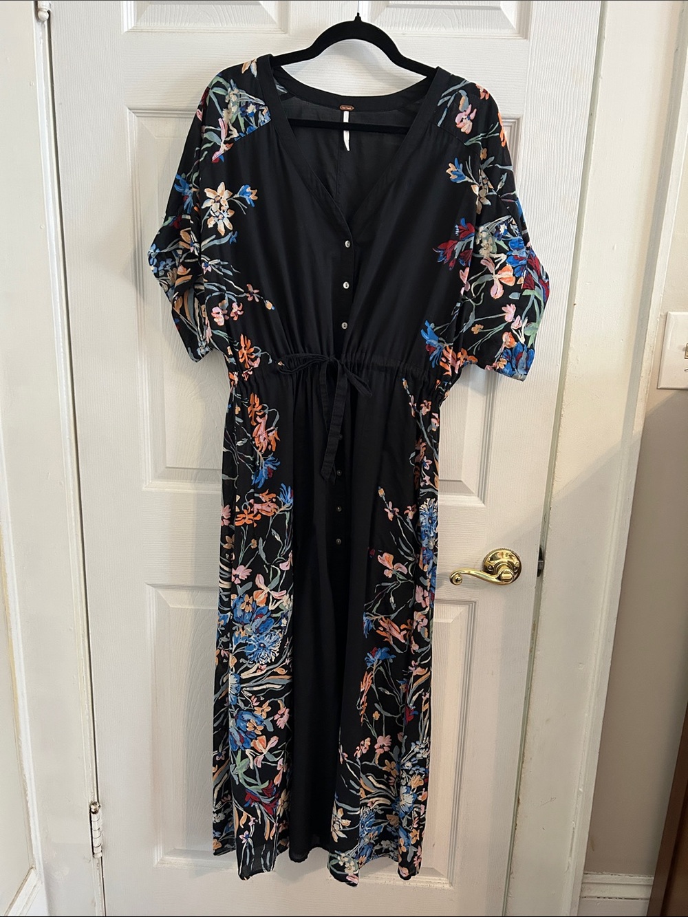 Free People Maxi Dress Floral Tie Waist Button Down Oversized Cotton Sz Small